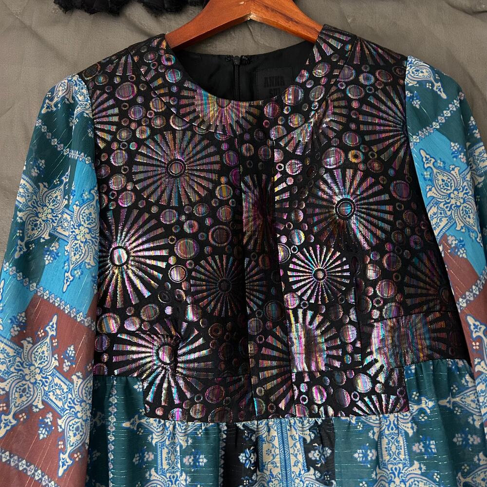 🥶 Anna Sui Blue and Black Boho Pattern Bell Sleeve Tunic Top Size 6 - Picture 4 of 8